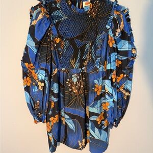 FARM Rio Pietra Puff Sleeve Blue/Orange Floral Mini Dress